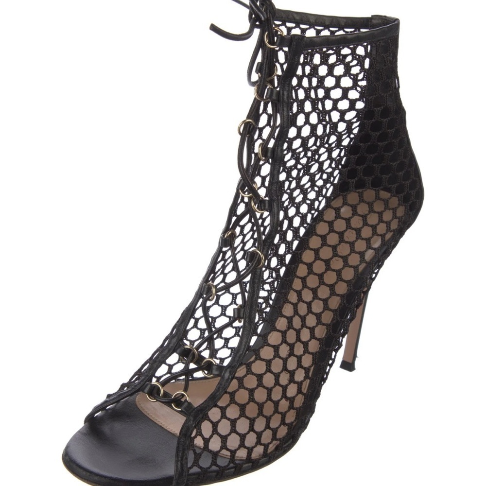Gianvito Rossi Black Lace-Up Mesh Heels